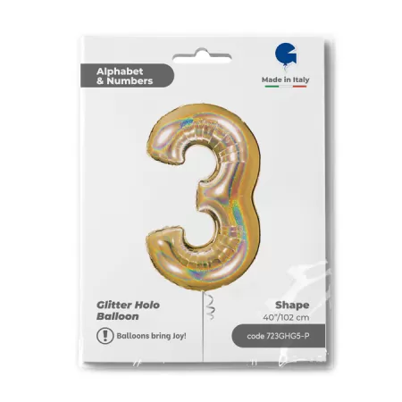 NUMERO 3 ORO GLITTER HOLOGRAPHIC cm.102